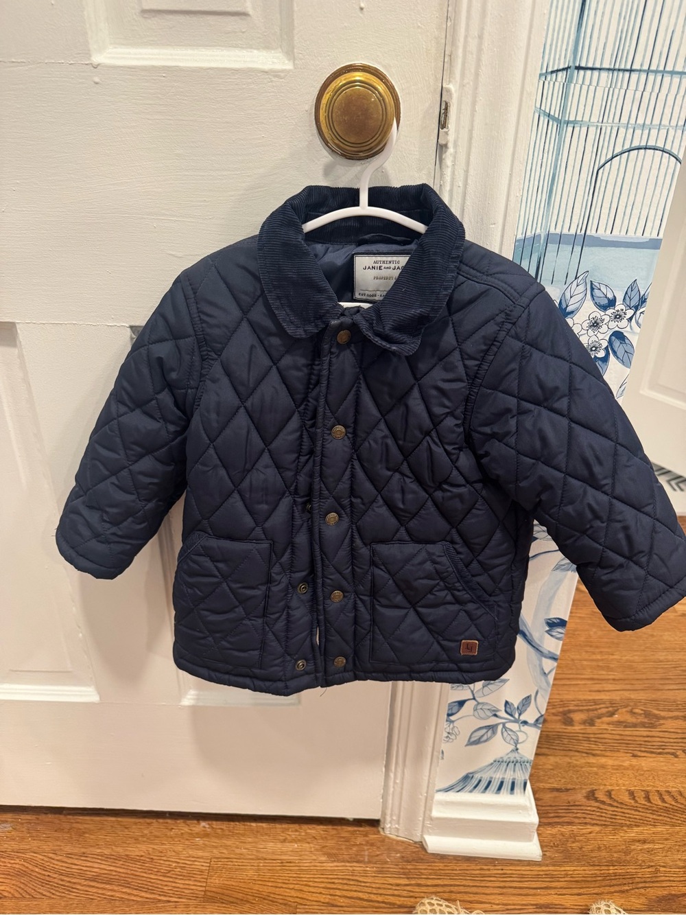 Janie and Jack Navy Quilted Puffer Jacket with Corduroy Collar